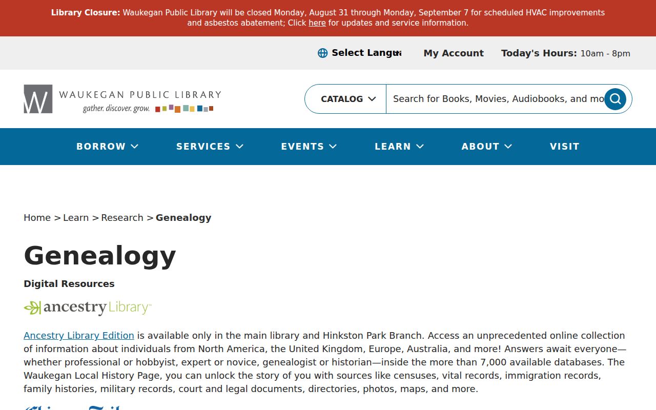 Waukegan Public Library genealogy and newspaper research resources