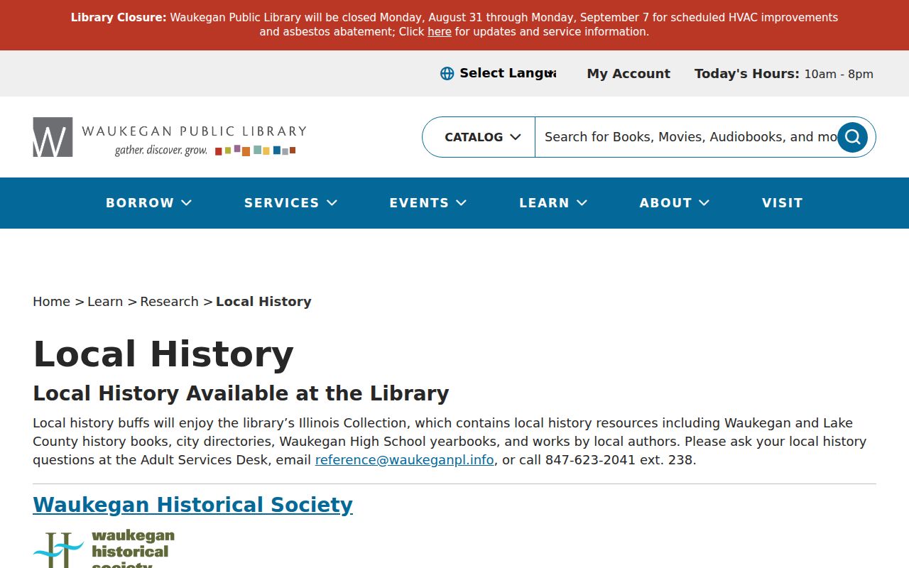 Waukegan Public Library local history page listing directories and Lake County materials