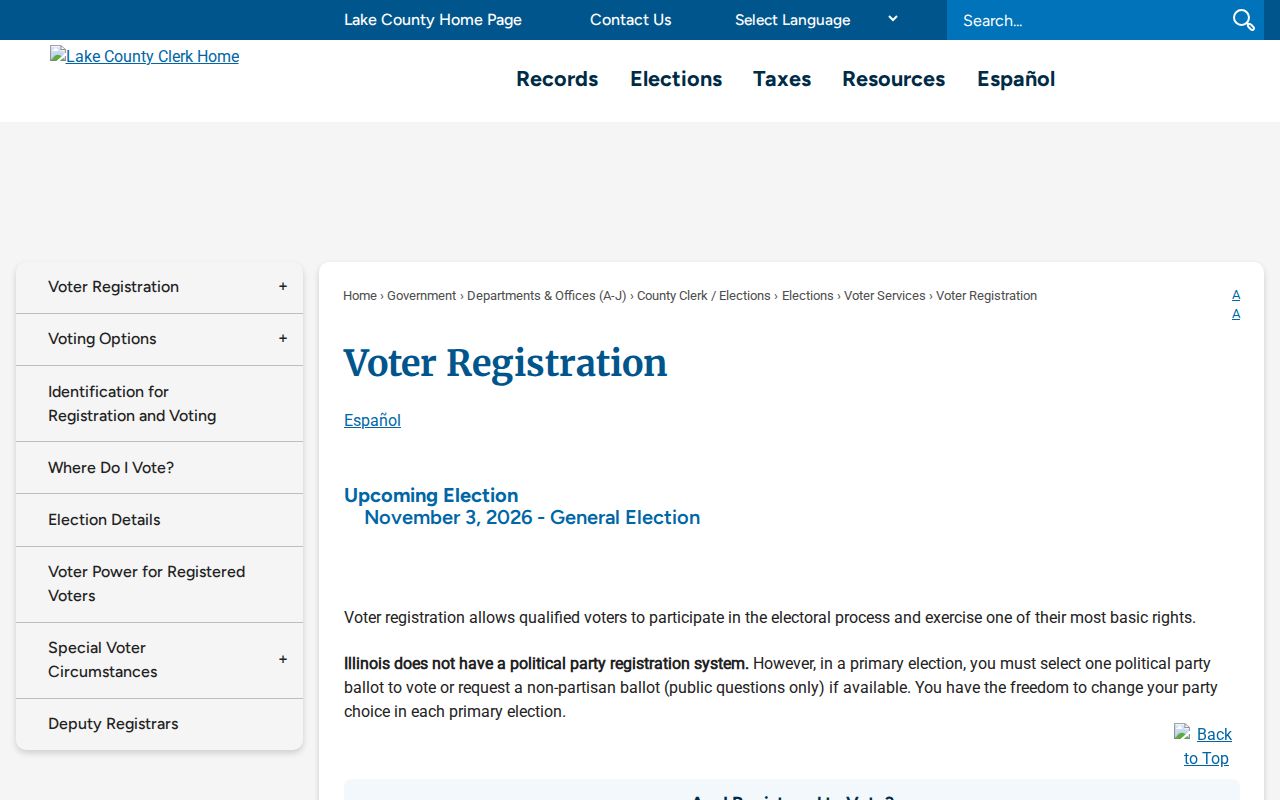 Lake County voter registration page for Vernon Hills residents