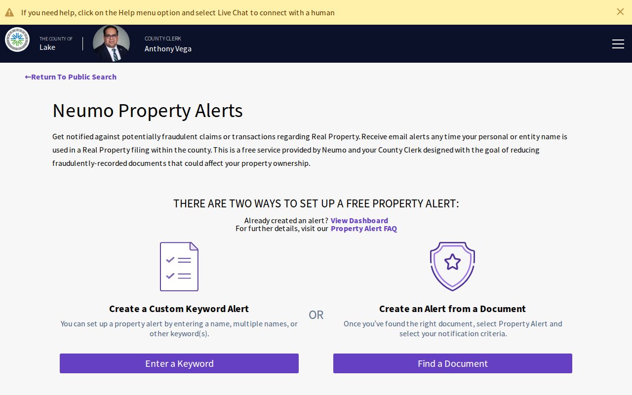 Lake County Property Alert page used to monitor property filings