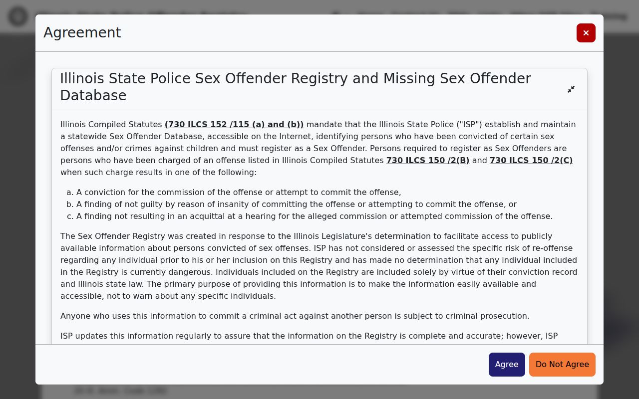 Illinois State Police registry disclaimer and search for Vernon Hills