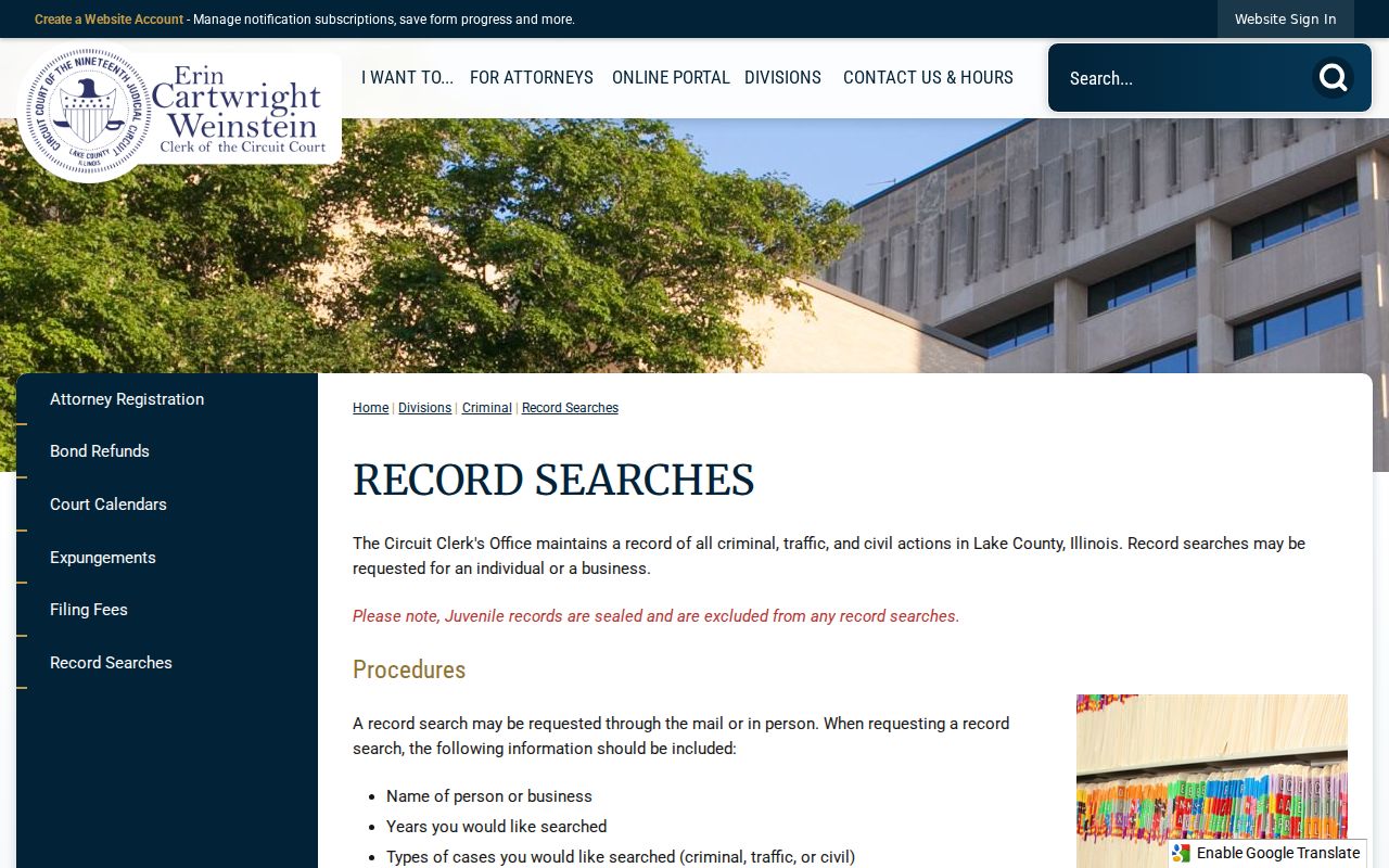 Lake County Circuit Clerk record search options for Vernon Hills names