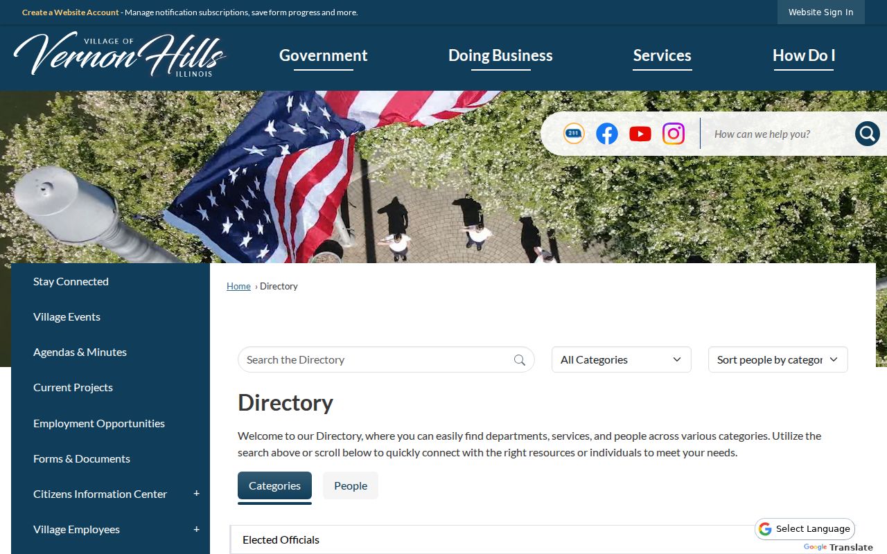 Vernon Hills Village department directory used to route an address record request
